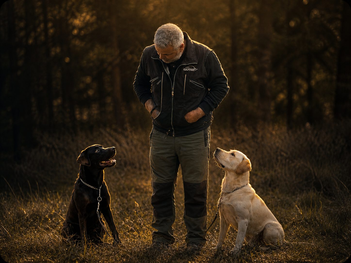 İrşat Üner working with two Labradors in the field at golden hour