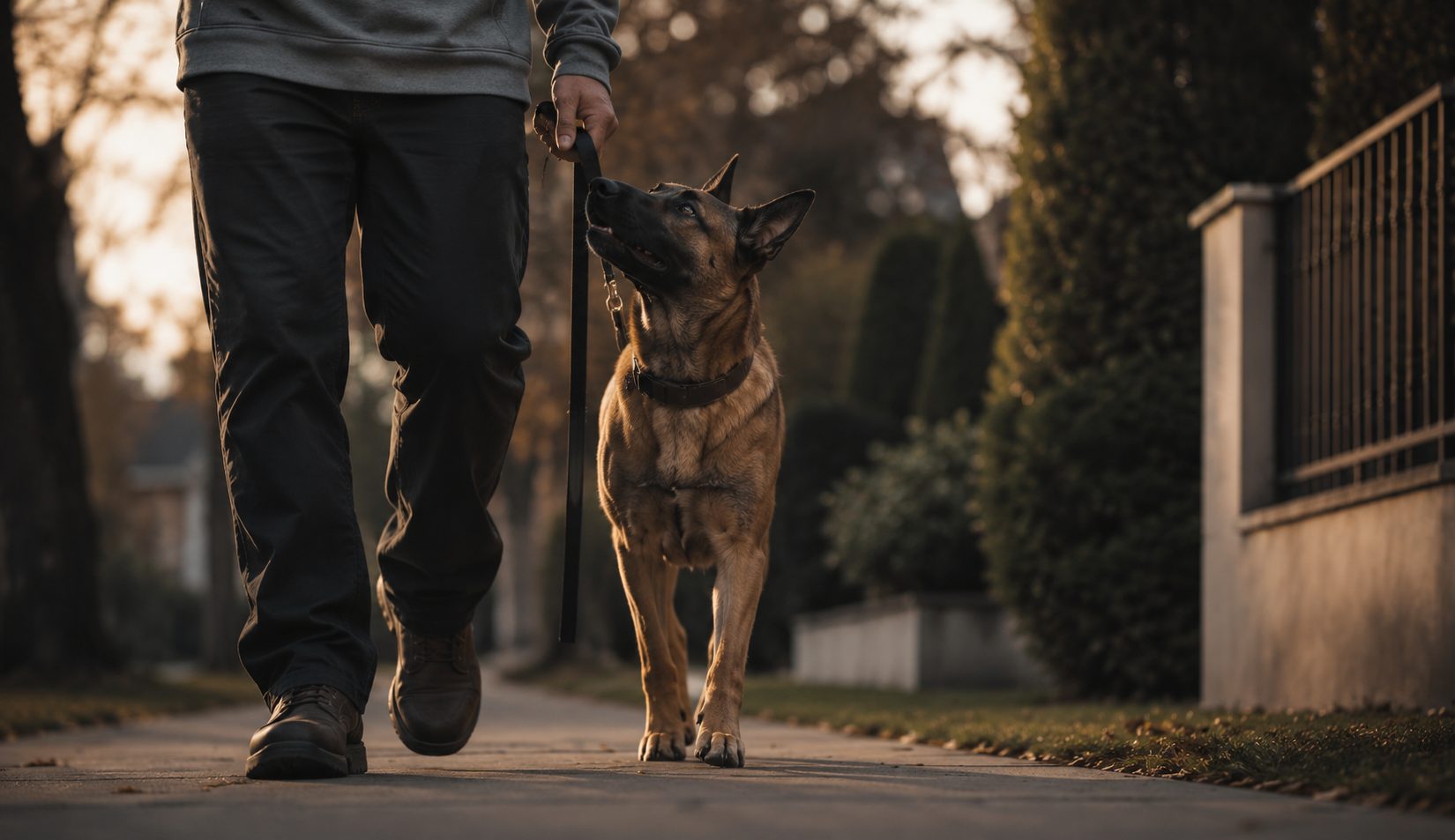 Family dog walking calmly on leash