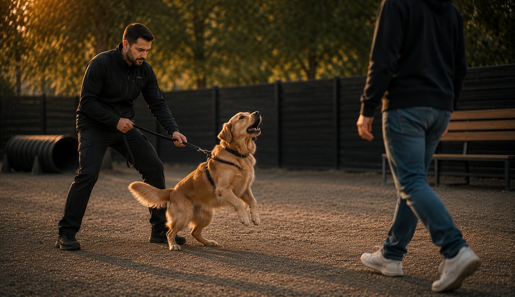 A dog reacting on leash while a person walks past