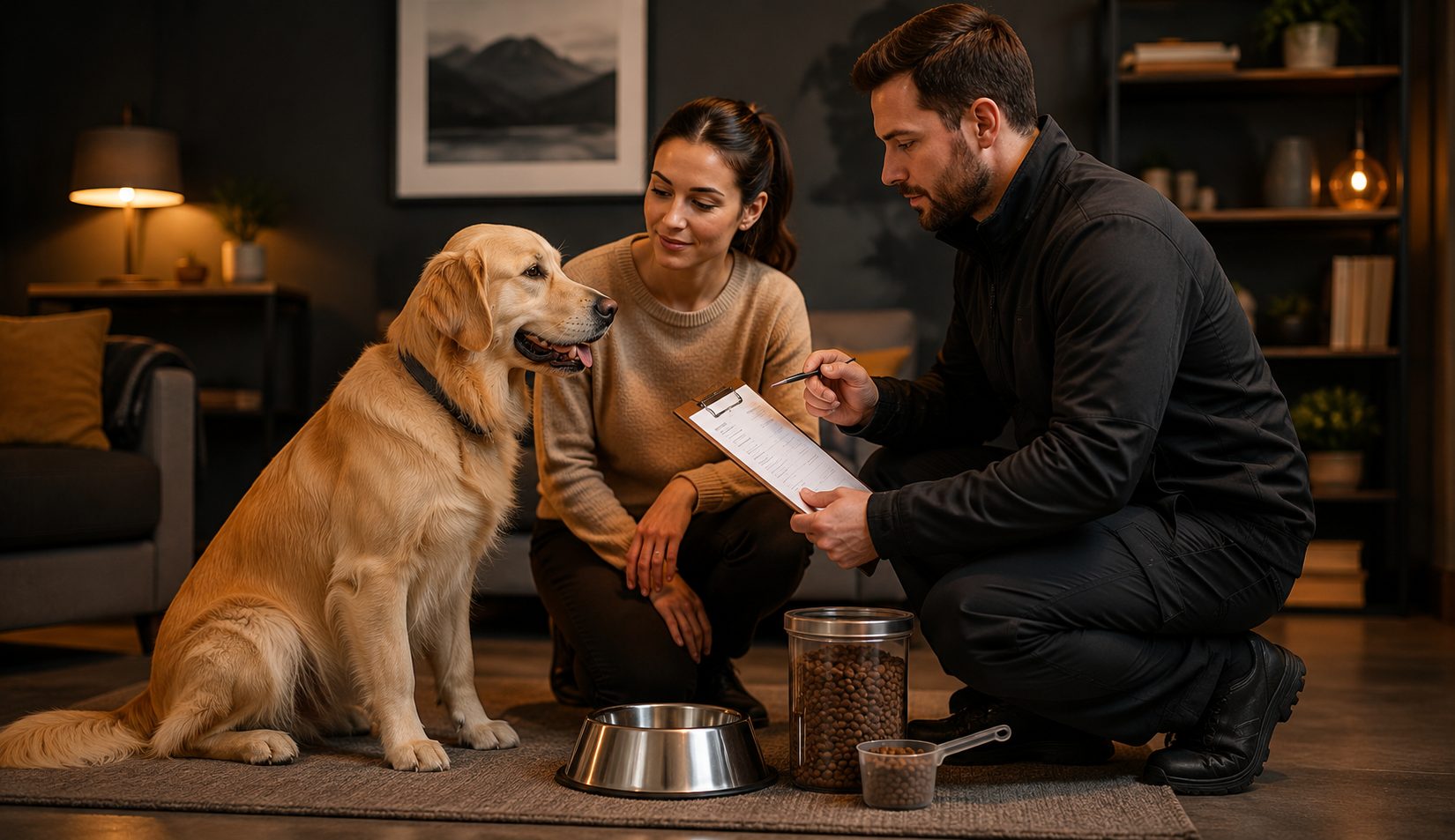 A trainer assessing a dog's exercise needs with its owners