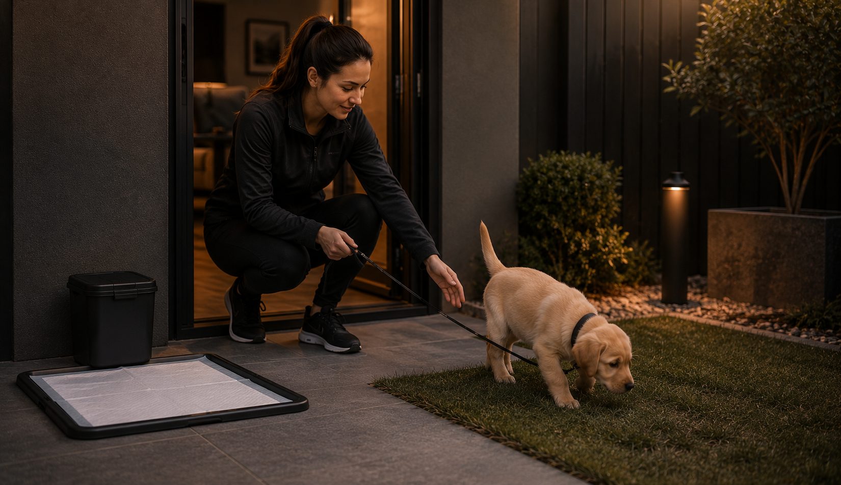 A puppy being introduced to a designated potty area