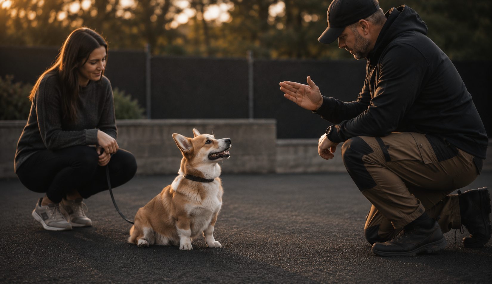 A trainer and owner cueing a dog to come