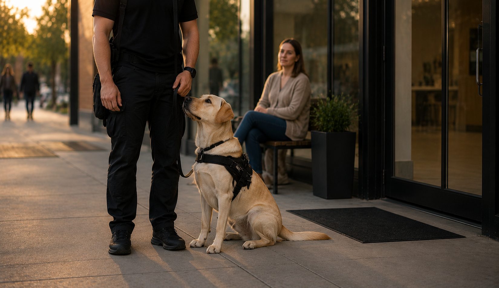 A dog sitting calmly outside a doorway